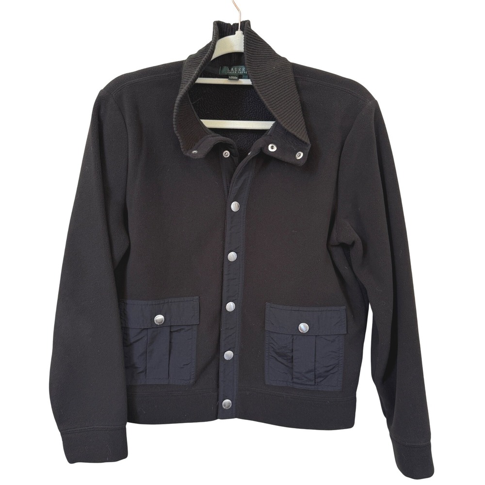 Lauren Ralph Lauren‎ Fleece Jacket M Black Snap Front Utility Coat Military Cozy